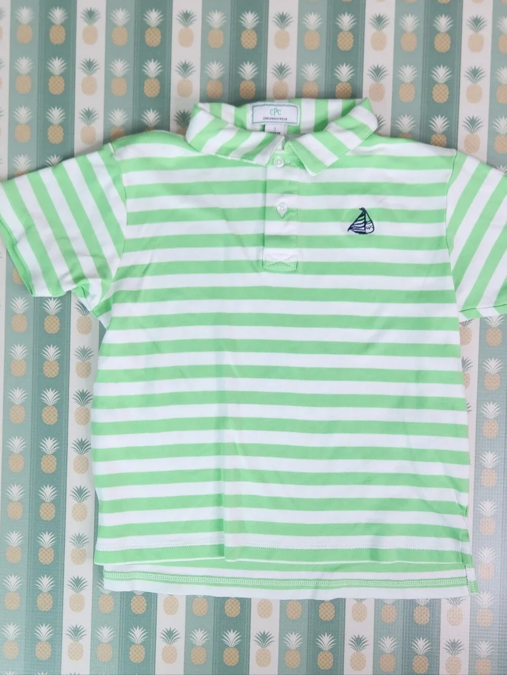CPC Striped Polo Shirt in Light Green & White - Kids